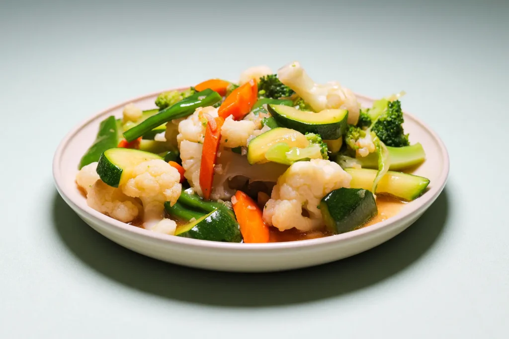 Pad Pak Ruam Thaise gemengde groenten met courgette, bloemkool, wortel Thais Tafelen